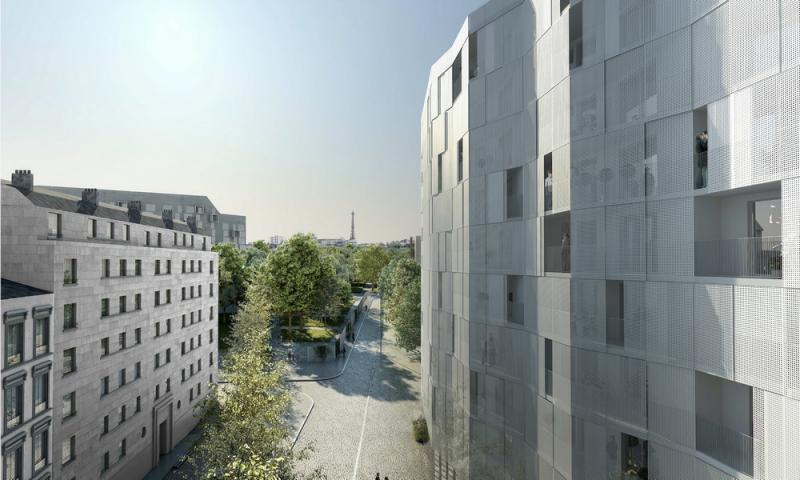 Lot e3 - vue vers le parc avec volets coulissants brise soleil fermés à 85 %